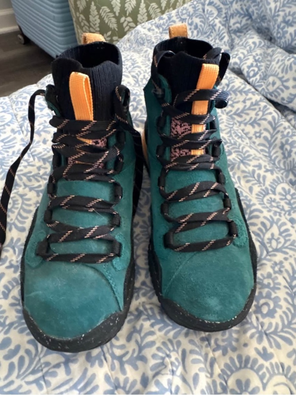 North Face Teal Suede Hiking-Style High-Tops with Black & Orange Accents